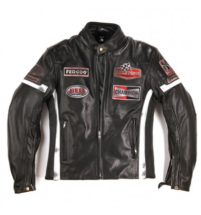 Giacca da moto in pelle Helstons GT Seven nera con patches
