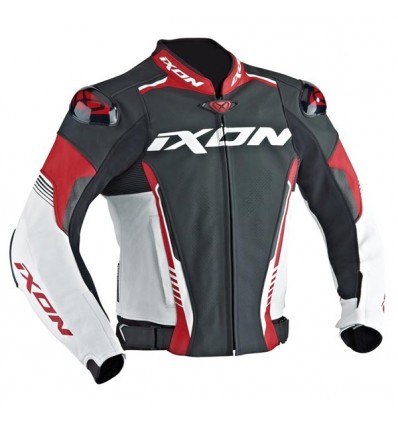Giacca da moto in pelle Ixon Vortex Jacket nera, bianca e rossa