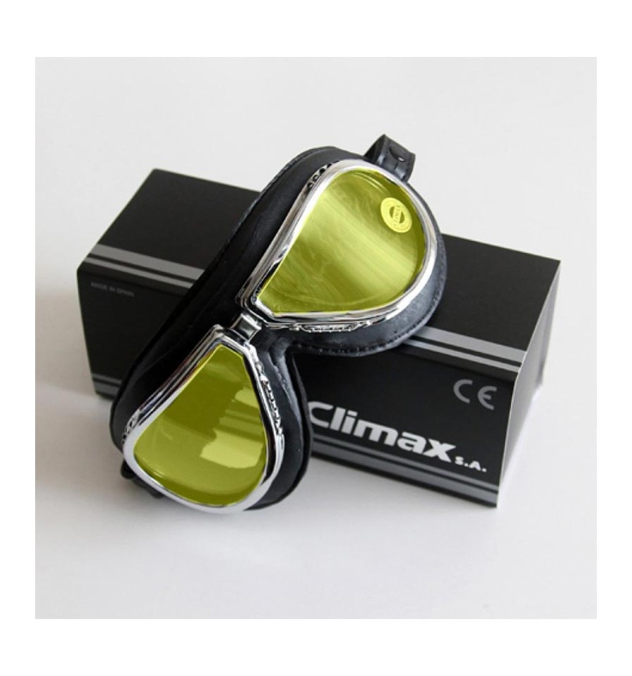Occhiali da moto Vintage in pelle Climax 500A neri con lenti gialle